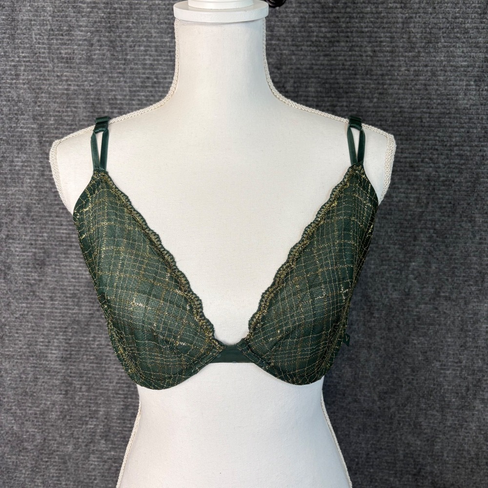 Victoria's Secret Emerald Green Gold Lace Unlined Underwire Bra 36DDD